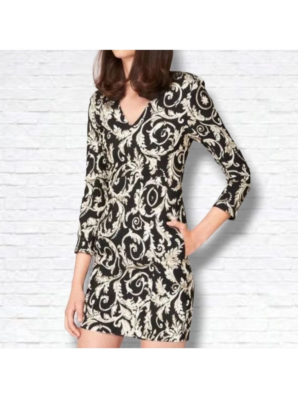 Anine Bing Black and Gold Long Sleeve Brocade Cocktail Mini Dress Size XS